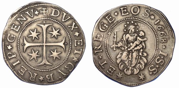 GENOVA. DOGI BIENNALI, 1528-1797. SERIE DELLA III FASE, 1637-1797. Mezzo scudo 1668.  - Asta Numismatica - Associazione Nazionale - Case d'Asta italiane