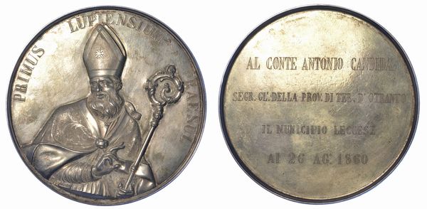 LECCE - REGNO DELLE DUE SICILIE. Medaglia 26 agosto 1860. Al conte Antonio Candida.  - Asta Numismatica - Associazione Nazionale - Case d'Asta italiane