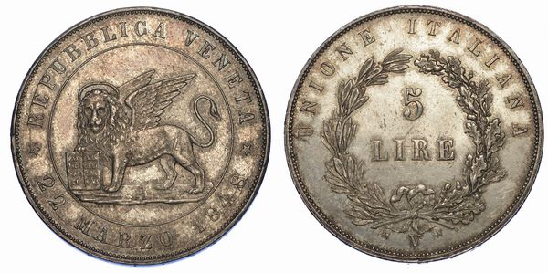 VENEZIA. GOVERNO PROVVISORIO DI VENEZIA, 1848-1849. 5 Lire 1848 (I tipo).  - Asta Numismatica - Associazione Nazionale - Case d'Asta italiane