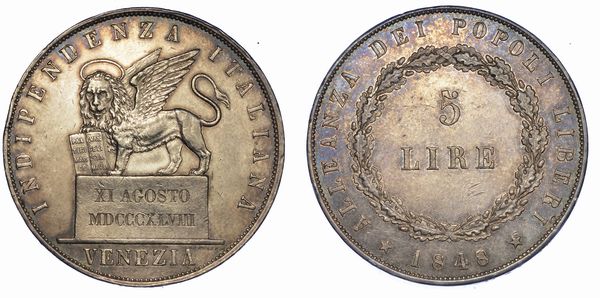VENEZIA. GOVERNO PROVVISORIO DI VENEZIA, 1848-1849. 5 Lire 1848 (II tipo).  - Asta Numismatica - Associazione Nazionale - Case d'Asta italiane