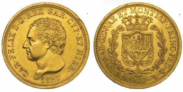 REGNO DI SARDEGNA. CARLO FELICE DI SAVOIA, 1821-1831. 80 Lire 1827. Torino.  - Asta Numismatica - Associazione Nazionale - Case d'Asta italiane