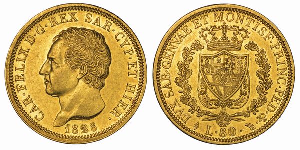 REGNO DI SARDEGNA. CARLO FELICE DI SAVOIA, 1821-1831. 80 Lire 1828. Torino.  - Asta Numismatica - Associazione Nazionale - Case d'Asta italiane