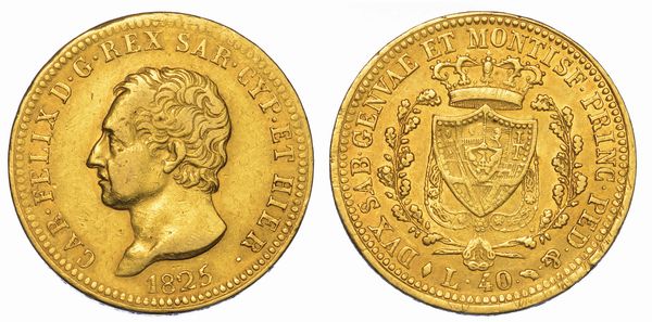 REGNO DI SARDEGNA. CARLO FELICE DI SAVOIA, 1821-1831. 40 Lire 1825. Torino.  - Asta Numismatica - Associazione Nazionale - Case d'Asta italiane