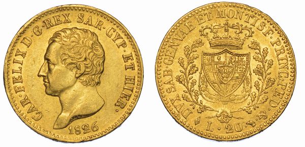 REGNO DI SARDEGNA. CARLO FELICE DI SAVOIA, 1821-1831. 20 Lire 1826. Torino.  - Asta Numismatica - Associazione Nazionale - Case d'Asta italiane