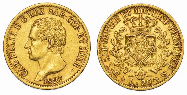 REGNO DI SARDEGNA. CARLO FELICE DI SAVOIA, 1821-1831. 20 Lire 1827. Torino.  - Asta Numismatica - Associazione Nazionale - Case d'Asta italiane