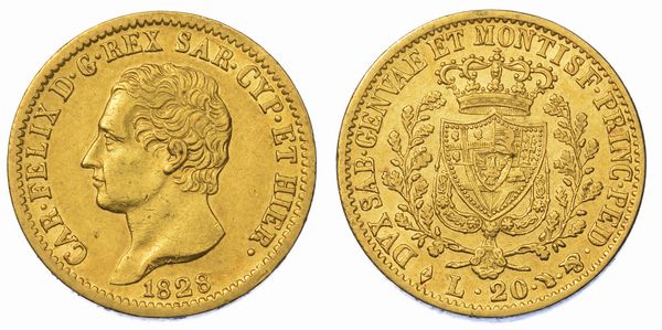 REGNO DI SARDEGNA. CARLO FELICE DI SAVOIA, 1821-1831. 20 Lire 1828. Torino.  - Asta Numismatica - Associazione Nazionale - Case d'Asta italiane