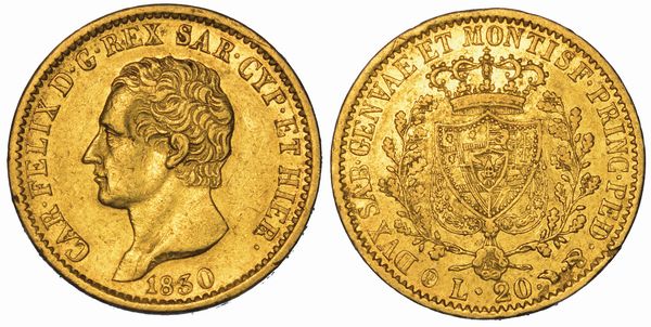 REGNO DI SARDEGNA. CARLO FELICE DI SAVOIA, 1821-1831. 20 Lire 1830. Torino.  - Asta Numismatica - Associazione Nazionale - Case d'Asta italiane