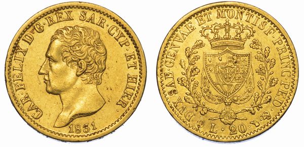 REGNO DI SARDEGNA. CARLO FELICE DI SAVOIA, 1821-1831. 20 Lire 1831. Torino.  - Asta Numismatica - Associazione Nazionale - Case d'Asta italiane