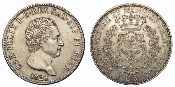 REGNO DI SARDEGNA. CARLO FELICE DI SAVOIA, 1821-1831. 5 Lire 1826. Torino  - Asta Numismatica - Associazione Nazionale - Case d'Asta italiane