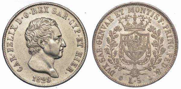 REGNO DI SARDEGNA. CARLO FELICE DI SAVOIA, 1821-1831. 5 Lire 1829. Genova.  - Asta Numismatica - Associazione Nazionale - Case d'Asta italiane