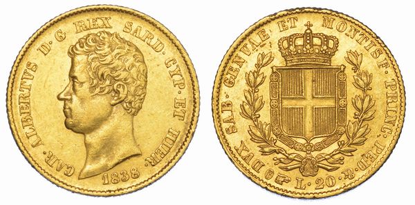 REGNO DI SARDEGNA. CARLO ALBERTO DI SAVOIA, 1831-1849. 20 Lire 1838. Torino.  - Asta Numismatica - Associazione Nazionale - Case d'Asta italiane