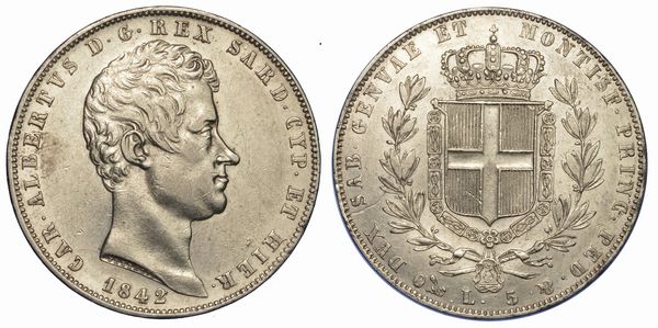 REGNO DI SARDEGNA. CARLO ALBERTO DI SAVOIA, 1831-1849. 5 Lire 1842. Genova.  - Asta Numismatica - Associazione Nazionale - Case d'Asta italiane