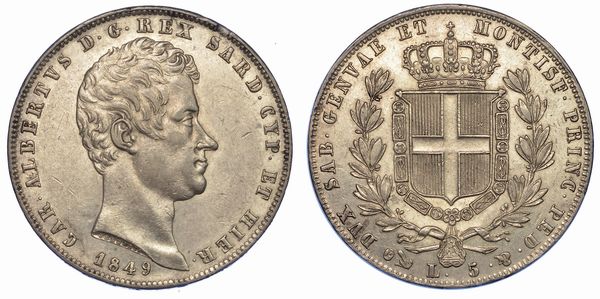 REGNO DI SARDEGNA. CARLO ALBERTO DI SAVOIA, 1831-1849. 5 Lire 1849. Genova.  - Asta Numismatica - Associazione Nazionale - Case d'Asta italiane