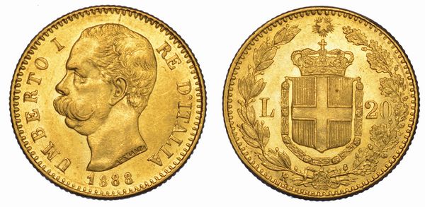 REGNO D'ITALIA. UMBERTO I DI SAVOIA, 1878-1900. 20 Lire 1888.  - Asta Numismatica - Associazione Nazionale - Case d'Asta italiane