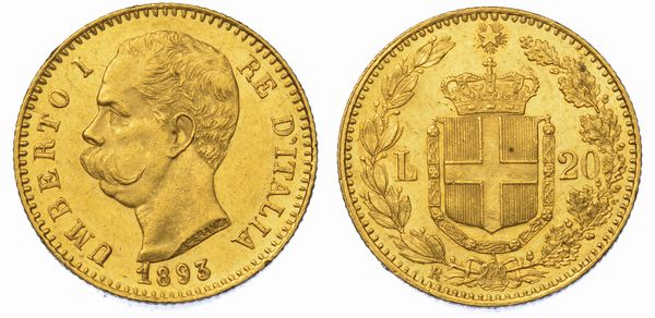 REGNO D'ITALIA. UMBERTO I DI SAVOIA, 1878-1900. 20 Lire 1893.  - Asta Numismatica - Associazione Nazionale - Case d'Asta italiane