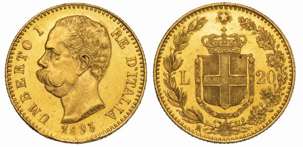 REGNO D'ITALIA. UMBERTO I DI SAVOIA, 1878-1900. 20 Lire 1893.  - Asta Numismatica - Associazione Nazionale - Case d'Asta italiane