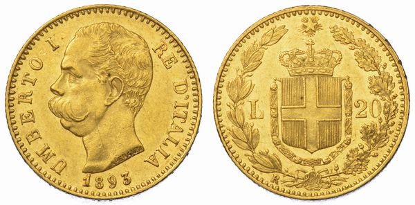 REGNO D'ITALIA.  UMBERTO I DI SAVOIA, 1878-1900. 20 Lire 1893.  - Asta Numismatica - Associazione Nazionale - Case d'Asta italiane