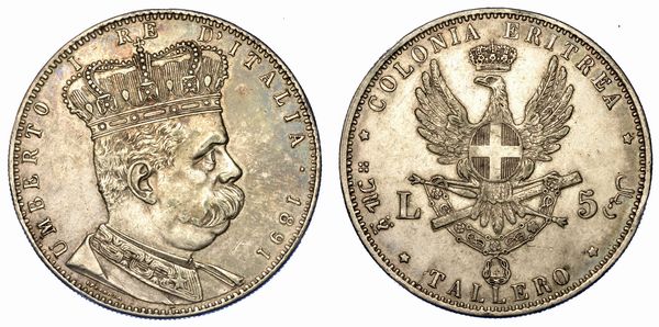 COLONIA ERITREA. UMBERTO I DI SAVOIA, 1890-1896. Tallero 1891.  - Asta Numismatica - Associazione Nazionale - Case d'Asta italiane