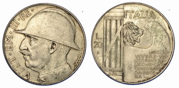 REGNO D'ITALIA. VITTORIO EMANUELE III DI SAVOIA, 1900-1946. 20 Lire 1928/A. VI. Elmetto.  - Asta Numismatica - Associazione Nazionale - Case d'Asta italiane