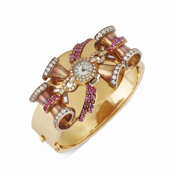 BRACCIALE AD AMPIA FASCIA CON OROLOGIO  - Asta Gioielli - Associazione Nazionale - Case d'Asta italiane