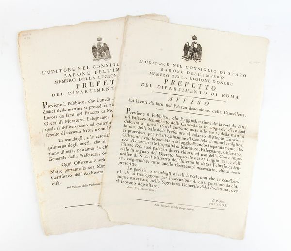 Due bandi Napoleonici di Roma sull'assegnazione dei lavori  - Asta Militaria, Ordini cavallereschi, Napoleonica - Associazione Nazionale - Case d'Asta italiane