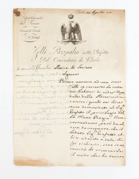 Lettera manoscritta e autografa del sottoprefetto Zelli - Pazzaglia  - Asta Militaria, Ordini cavallereschi, Napoleonica - Associazione Nazionale - Case d'Asta italiane