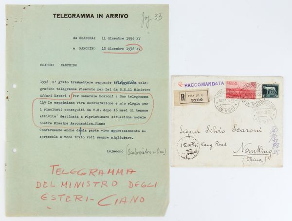 Telegramma del Ministro degli esteri Ciano al Generale Silvio Scaroni  - Asta Militaria, Ordini cavallereschi, Napoleonica - Associazione Nazionale - Case d'Asta italiane