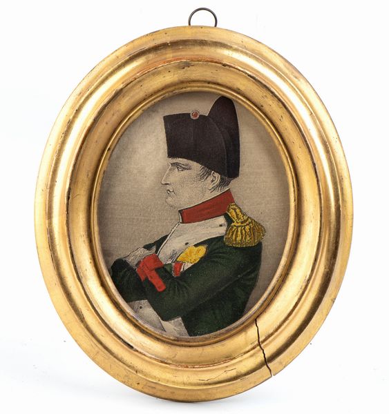 Miniatura ovale con cornice in legno dorato e stampa acquarellata di Napoleone  - Asta Militaria, Ordini cavallereschi, Napoleonica - Associazione Nazionale - Case d'Asta italiane