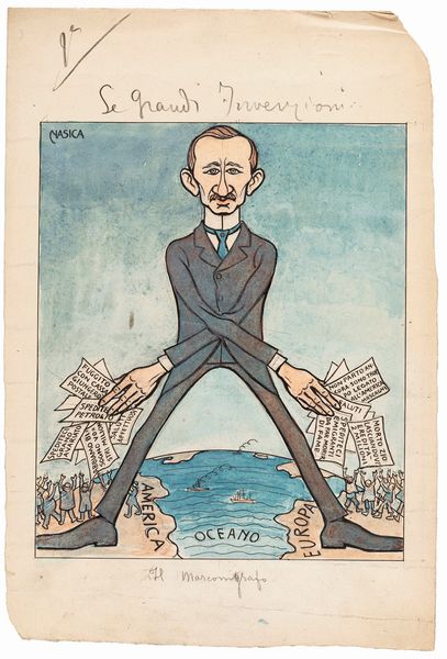 Nasica (Augusto Majani) : Guglielmo Marconi  - Asta Fumetti: Tavole e Illustrazioni Originali - Associazione Nazionale - Case d'Asta italiane