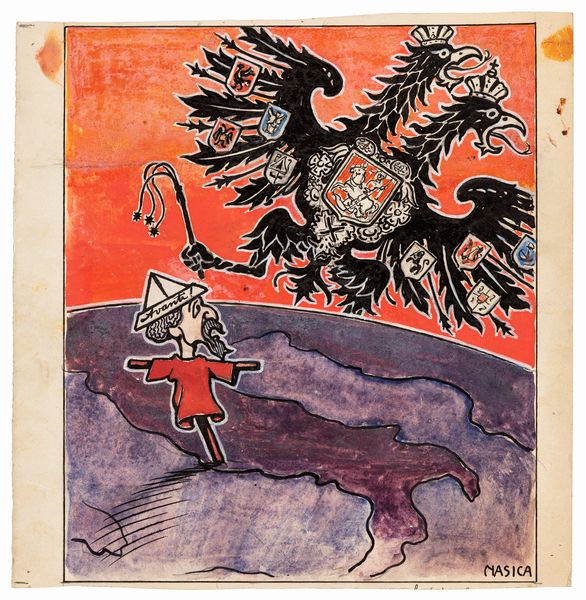 Nasica (Augusto Majani) : Lo spaventapasseri On. Ferri e l'aquila austriaca  - Asta Fumetti: Tavole e Illustrazioni Originali - Associazione Nazionale - Case d'Asta italiane