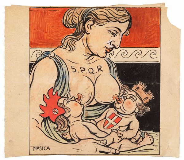 Nasica (Augusto Majani) : Roma nutrice del gemellaggio italo-francese  - Asta Fumetti: Tavole e Illustrazioni Originali - Associazione Nazionale - Case d'Asta italiane