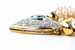 Girocollo in oro con perle, diamanti e acquamarina  - Asta Gioielli, Orologi e Penne - Associazione Nazionale - Case d'Asta italiane