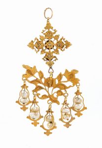 Oreficeria siciliana : Pendente in oro pietre preziose e perle  - Asta Gioielli, Orologi e Penne - Associazione Nazionale - Case d'Asta italiane