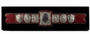 Goldsmiths & Silversmiths Co (William Gibson & John Lawrence Langman) - Rara cintura da campione di lotta libera, vittoriana inglese con applicazioni in argento e oro