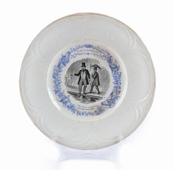 Otto assiettes parlantes diversi in ceramica con decoro stampato in nero e blu, Francia, fine del XIX secolo  - Asta La Collezione Enrico e Antonello Falqui. Di padre in figlio una vita nell'arte. - Associazione Nazionale - Case d'Asta italiane