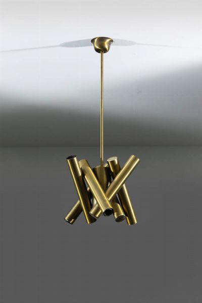 STILNOVO : Lampada a sospensione in ottone. Anni '60 h cm 90x40  - Asta Design - Associazione Nazionale - Case d'Asta italiane