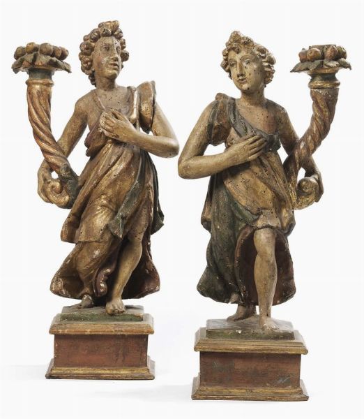 Coppia di sculture in legno policromo e dorato  - Asta ARREDI E DIPINTI ANTICHI - Associazione Nazionale - Case d'Asta italiane