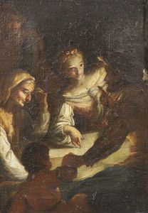 Scuola emiliana del XVIII secolo - Interno con figure a lume di candela (Le tre et)