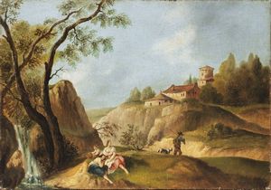Scuola veneta del XIX secolo - Paesaggio con abbazia e figure e Paesaggio fluviale con figure