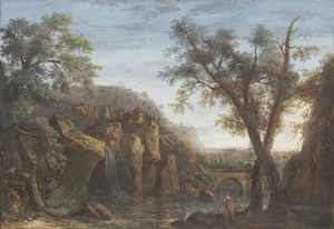 Scuola francese fine XVIII secolo - Paesaggio con fiume e borgo murato e Paesaggio con cascata, ponte e figure
