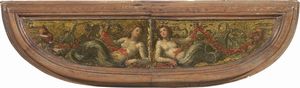 Sebastiano Filippi detto il Bastianino - Coppia di frontoni di spinetta raffiguranti Sirene con decorazione a mascheroni