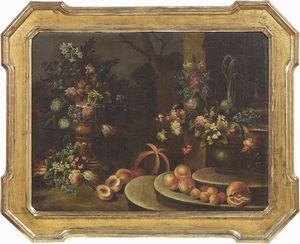 Scuola Italia settentrionale del XVIII secolo - Natura morta con frutta, fiori e fontana e Natura morta con vaso rovesciato, pesci e fiori
