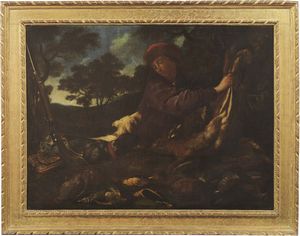 Scuola Italia settentrionale fine XVII secolo - Natura morta con cacciatore e Natura morta con pescatore