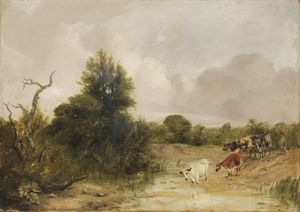 Scuola francese del XIX secolo - Paesaggio con armenti al guado