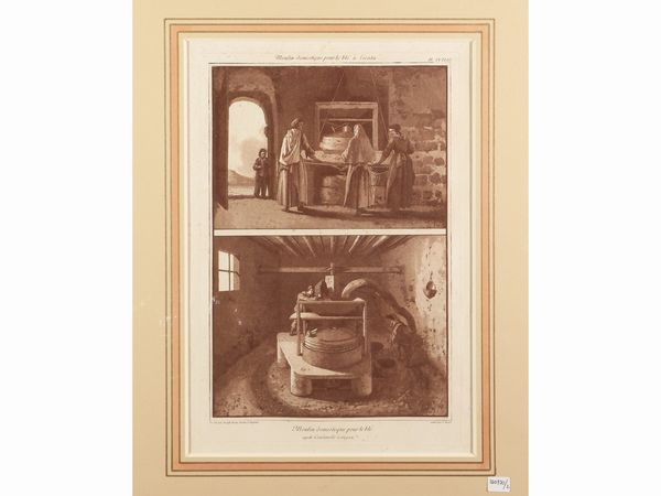 Jean-Pierre Louis Laurent Houel : Moulin domestique pour le bl - Frre Cordelier queteur e Orfelines de Catane  - Asta La Sicilia in una collezione di stampe - Associazione Nazionale - Case d'Asta italiane