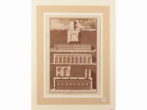 Jean-Pierre Louis Laurent Houel : Tombeau divers et Reserve d'Eau - Plan et Elevement geomtrale du Ginnase  - Asta La Sicilia in una collezione di stampe - Associazione Nazionale - Case d'Asta italiane