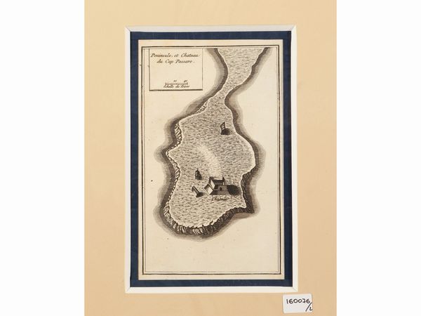 Pierre del Callejo y Angulo : Peninsule et Chateau du Cap Passaro - Plan de la Ville de Trapano (1734)  - Asta La Sicilia in una collezione di stampe - Associazione Nazionale - Case d'Asta italiane