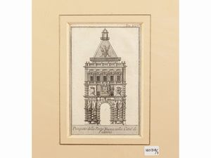 THOMAS SALMON : Prospetto della Porta Nuova - Statua di Filippo V - Prospetto ... della Villena  - Asta La Sicilia in una collezione di stampe - Associazione Nazionale - Case d'Asta italiane