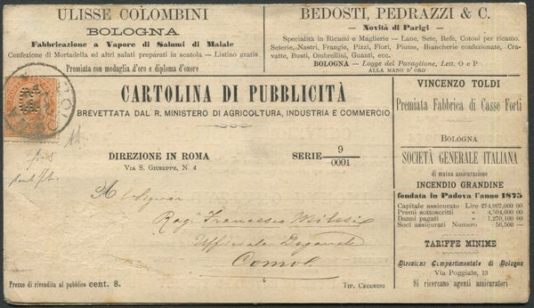 1889, Regno d�Italia, Cartolina di Pubblicit� da 20 c. di Umberto I (1) affrancata con francobollo perforato �C.C.�  - Asta Filatelia e Storia Postale - Associazione Nazionale - Case d'Asta italiane
