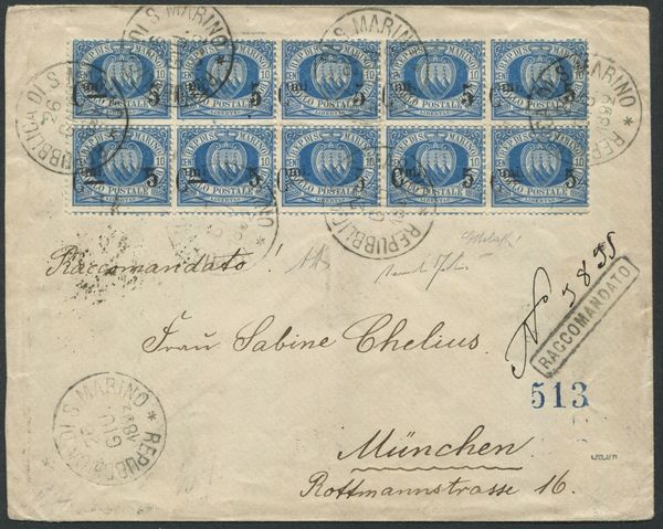 1892, S.Marino, Busta per Monaco, affrancata con blocco di dieci del 10 cent. azzurro soprastampato �Cent.mi 5� (8)  - Asta Filatelia e Storia Postale - Associazione Nazionale - Case d'Asta italiane
